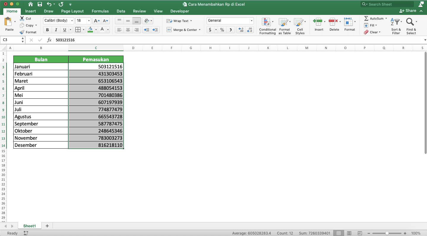 Cara Membuat/Menambahkan Simbol Rp (Rupiah) di Excel - Screenshot Langkah 1-1