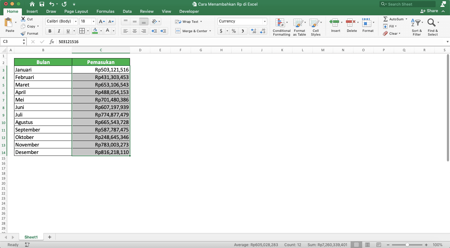 Cara Membuat/Menambahkan Simbol Rp (Rupiah) di Excel - Screenshot Langkah 1-8