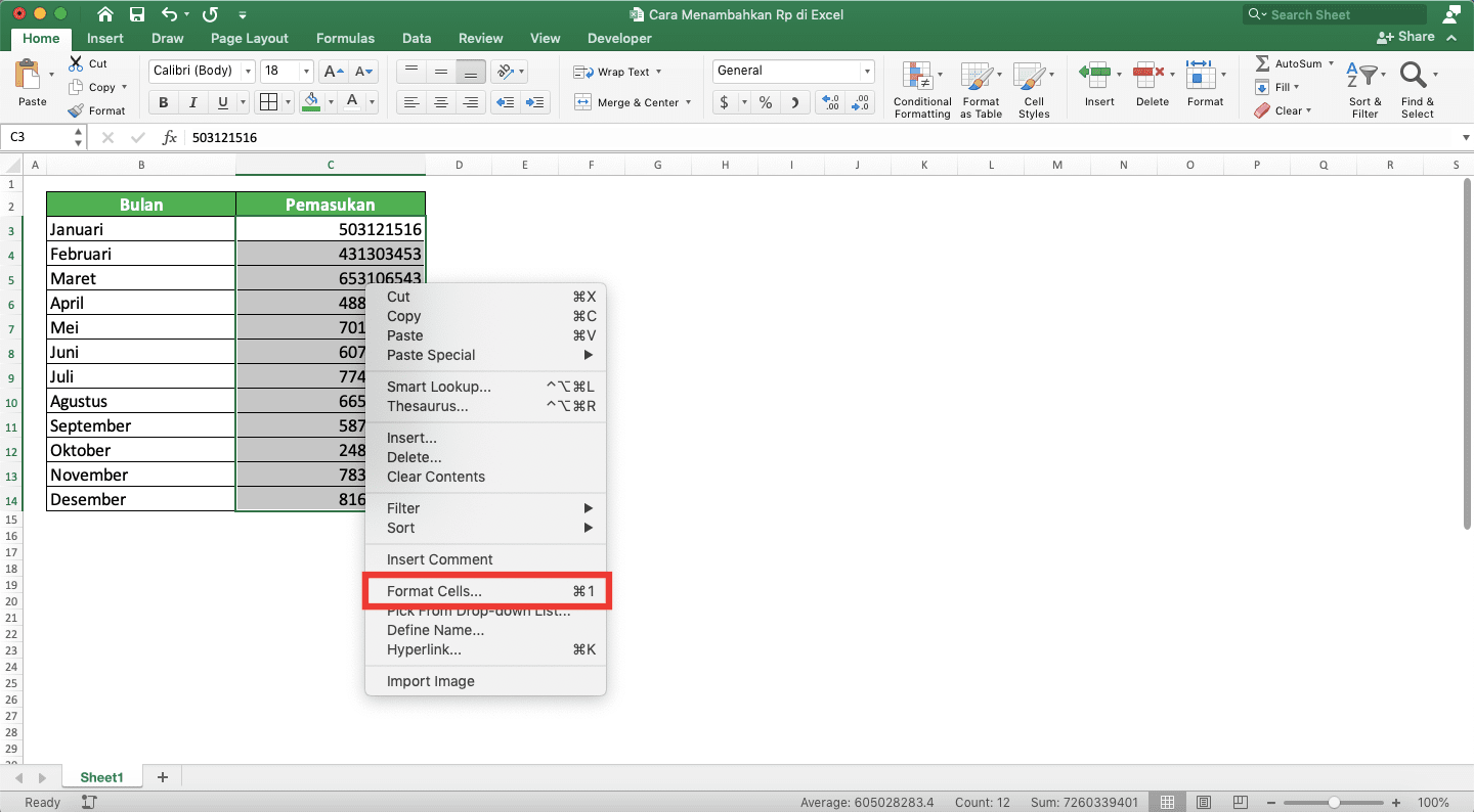 Cara Membuat/Menambahkan Simbol Rp (Rupiah) di Excel - Screenshot Langkah 2-2-1