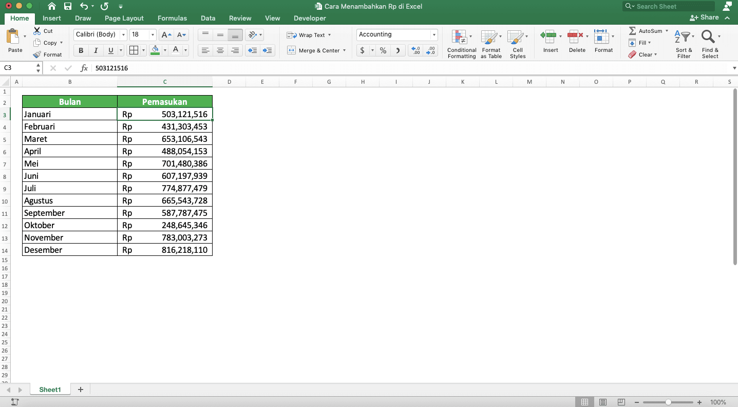 Cara Membuat/Menambahkan Simbol Rp (Rupiah) di Excel - Screenshot Hasil Penambahan Simbol Rp Pada Angka di Excel dengan Format Accounting