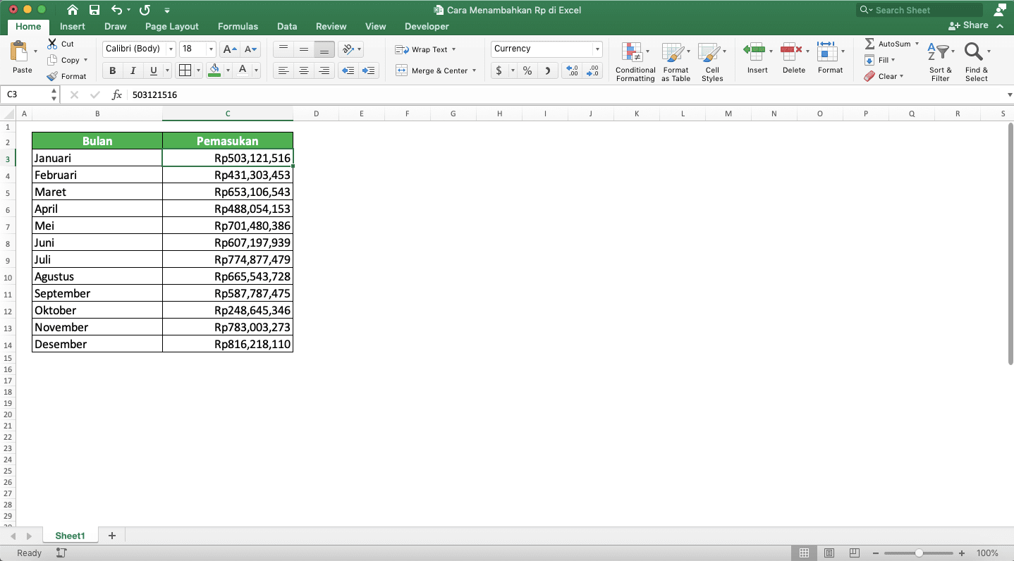 Cara Membuat/Menambahkan Simbol Rp (Rupiah) di Excel - Screenshot Hasil Penambahan Simbol Rp Pada Angka di Excel dengan Format Currency