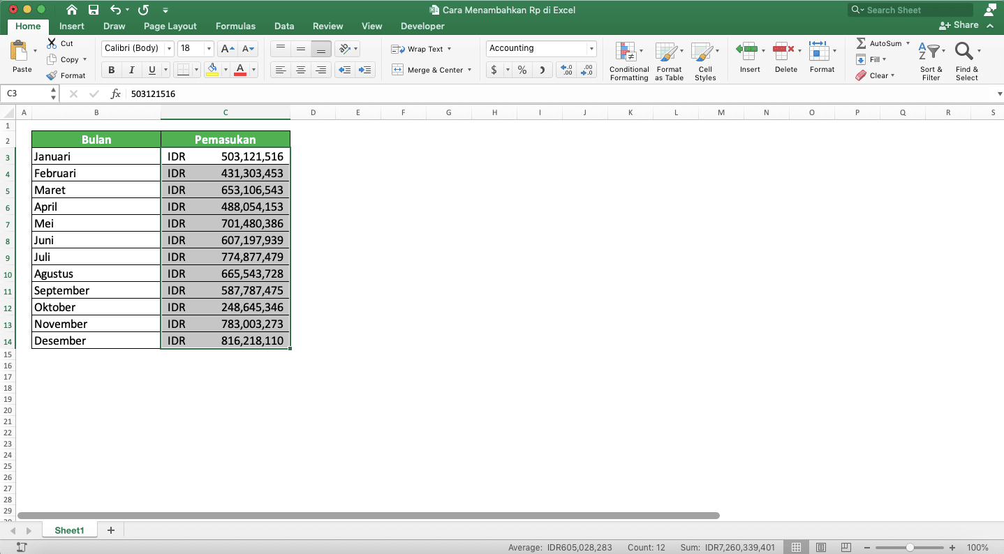 Cara Membuat/Menambahkan Simbol Rp (Rupiah) di Excel - Screenshot Hasil Penambahan Simbol IDR Pada Angka di Excel