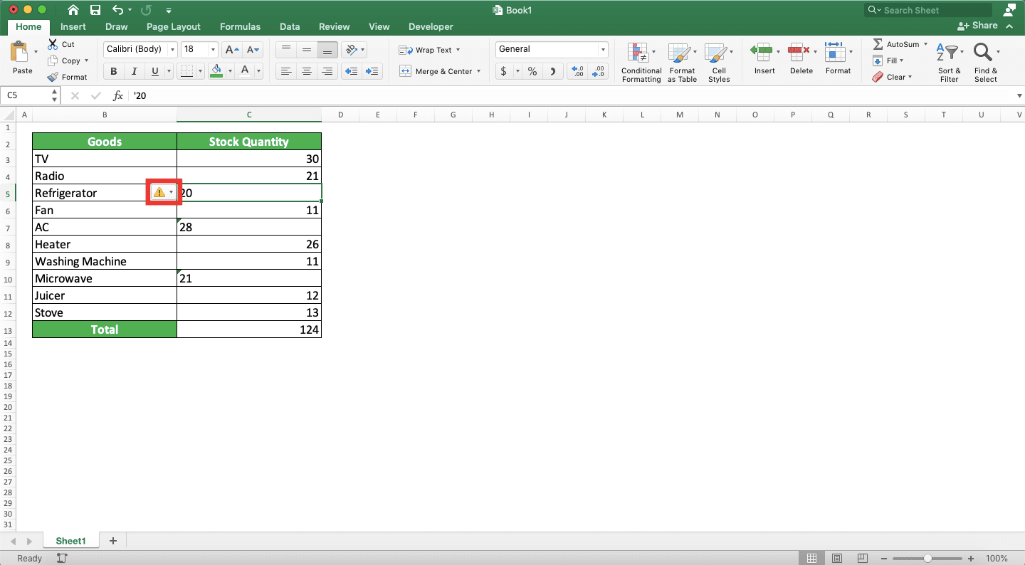 How to Sum in Excel and All Its Formulas/Functions - Screenshot of the Example of the Box with the Exclamation Mark Triangle in Excel