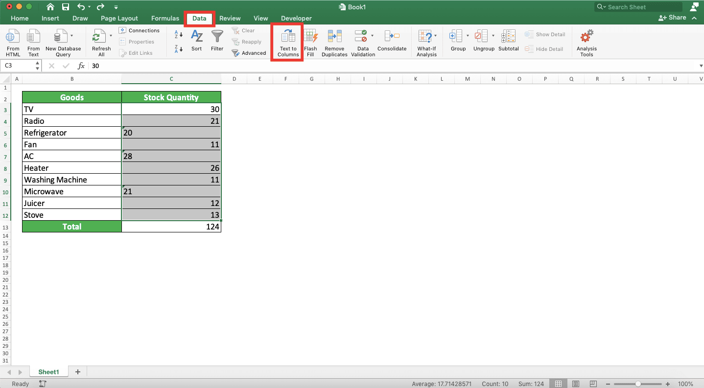 How to Sum in Excel and All Its Formulas/Functions - Screenshot of the Text to Columns Button Location in Excel