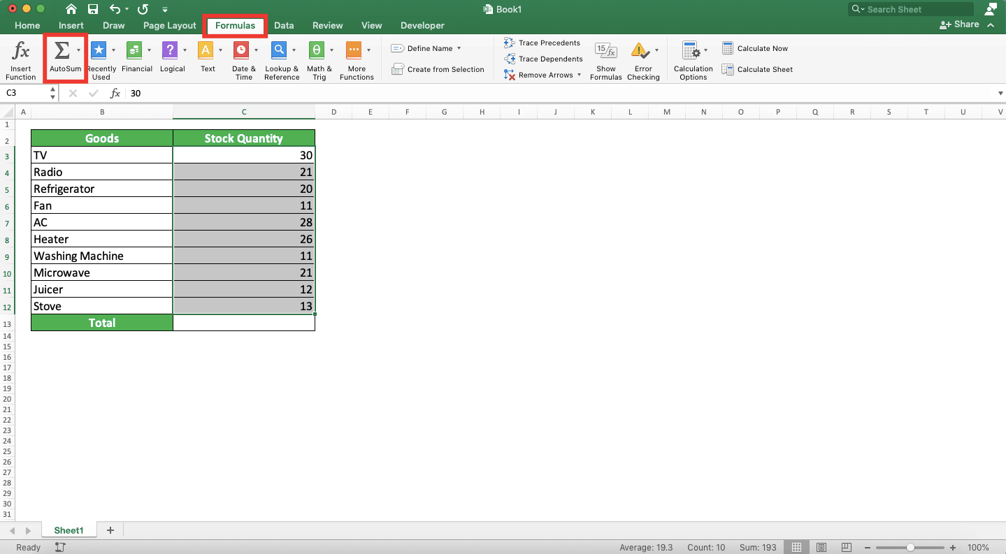 How to Sum in Excel and All Its Formulas/Functions - Screenshot of the AutoSum Button Location in the Formulas Tab in Excel