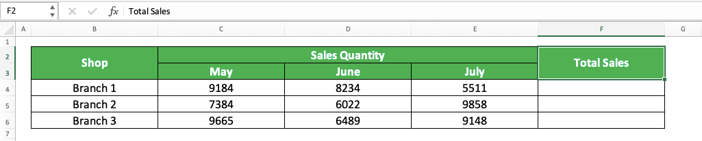 How to Sum in Excel and All Its Formulas/Functions - Screenshot of the Data Table for the Rows Sum Process in Excel