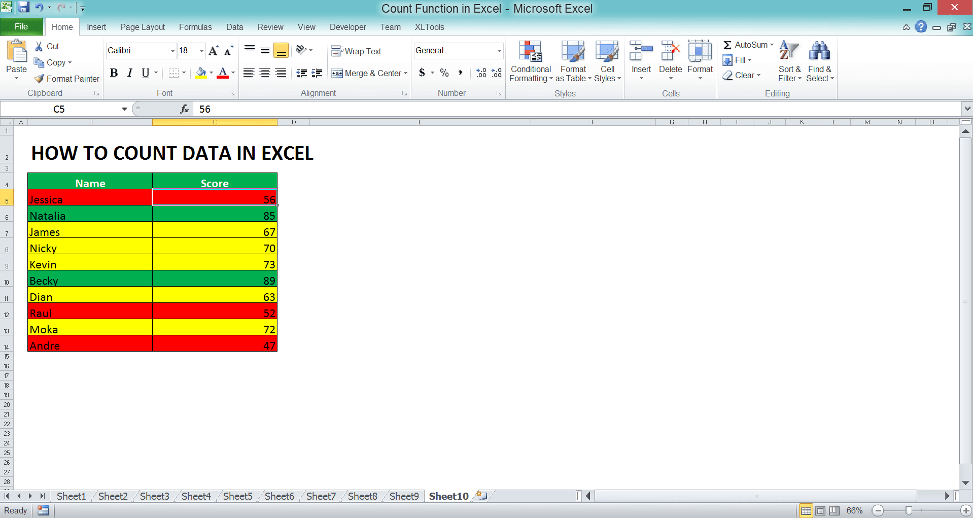 How to Count Data in Excel: Formulas and Functions - Screenshot of the Data for the Numbers Counting Process Based on Colors in Excel