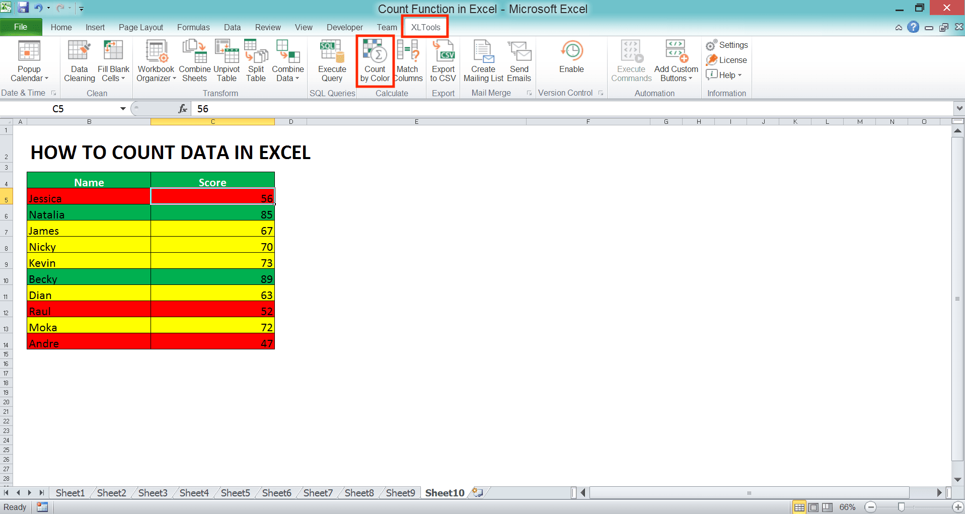 How to Count Data in Excel: Formulas and Functions - Screenshot of the Locations of XLTools Tab and Count by Number Button in Excel