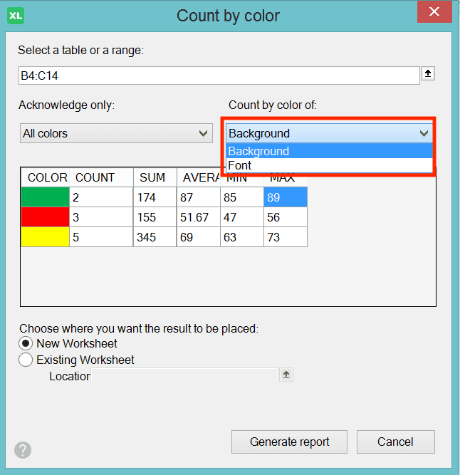How to Count Data in Excel: Formulas and Functions - Screenshot of the Right Dropdown Choices in the XLTools' Count by Number Dialog Box