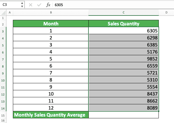 How to Use Average Excel Formulas - Screenshot of the Number Sequence Highlighting for the AutoAverage Implementation Example in Excel