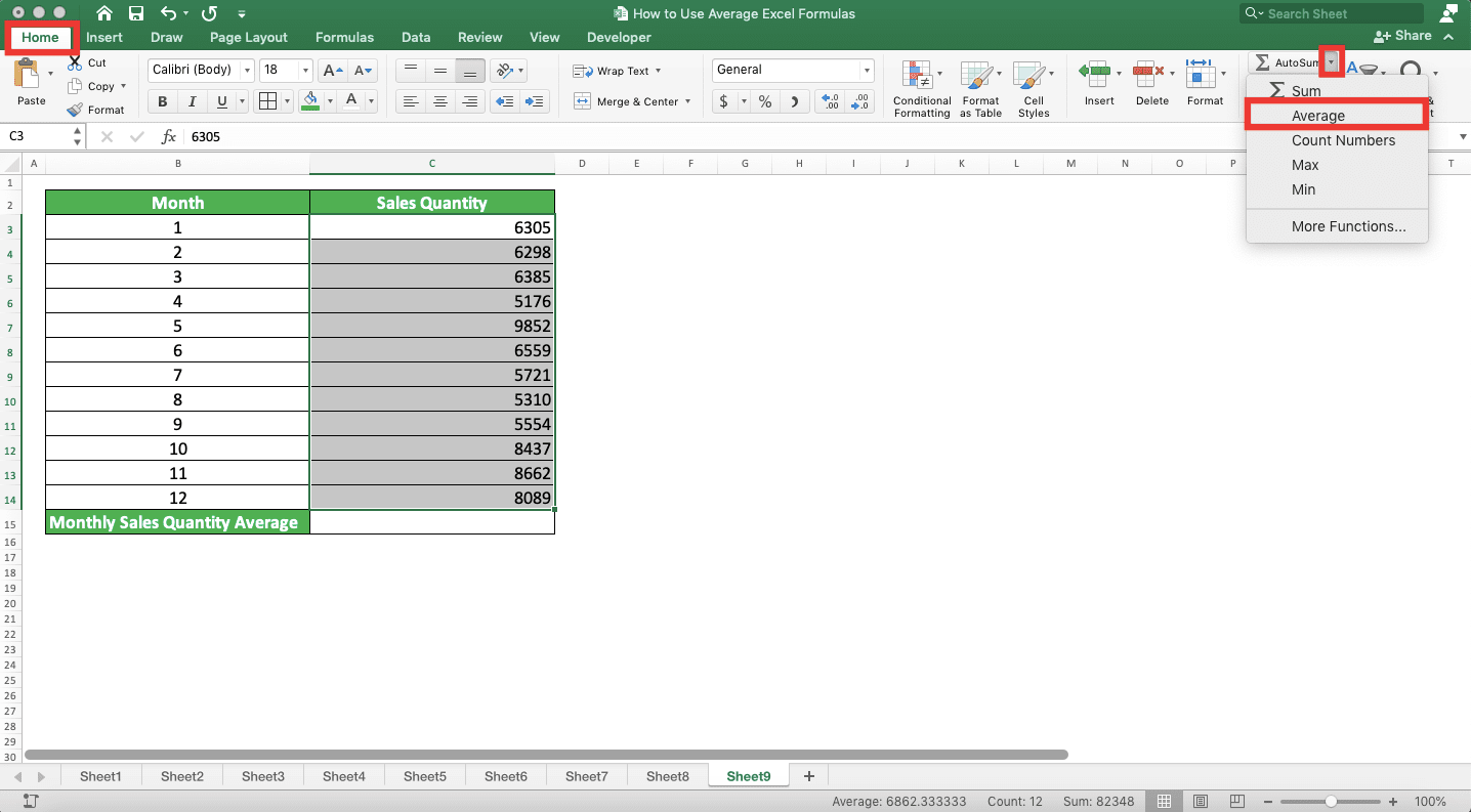 How to Use Average Excel Formulas - Screenshot of the AutoAverage Choice Location in the Excel Home Tab