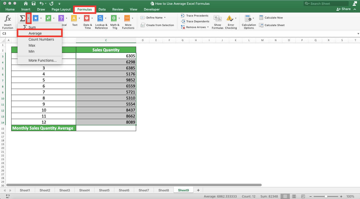 How to Use Average Excel Formulas - Screenshot of the AutoAverage Choice Location in the Excel Formulas Tab