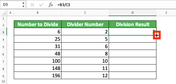 How to Divide Numbers in Excel - Screenshot of the + Symbol for the Formula Copy Process of the Excel Column Division Process