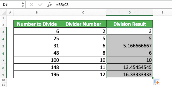 How to Divide Numbers in Excel - Screenshot of the Excel Column Division Process Result Example