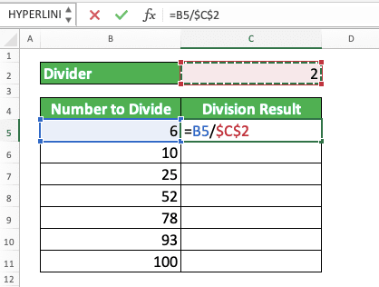 How to Divide Numbers in Excel - Screenshot of the Absolute Cell Reference Writing Example for the Constant in the Excel Column Division by a Constant