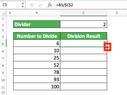 How to Divide Numbers in Excel - Screenshot of the + Symbol for the Copy Process of the Excel Column Division by a Constant Example