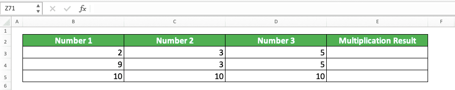 Multiplication in Excel and All Its Formulas & Functions - Screenshot of the Data for the Example of Columns Multiplication in Excel