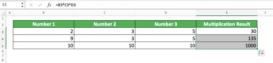 Multiplication in Excel and All Its Formulas & Functions - Screenshot of the Result for the Example of Columns Multiplication in Excel