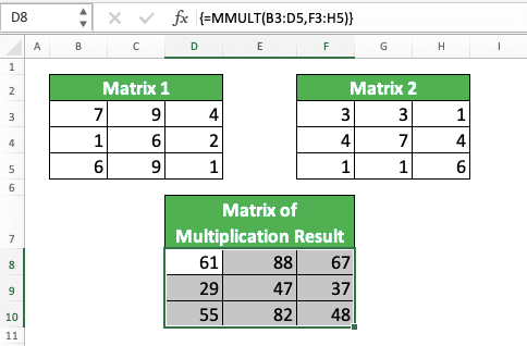 Multiplication in Excel and All Its Formulas & Functions - Screenshot of the Example for Matrixes Multiplication in Excel Using MMULT