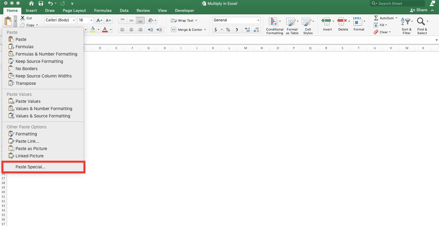 Multiplication in Excel and All Its Formulas & Functions - Screenshot of the Paste Special Location in the Paste Menu Dropdown