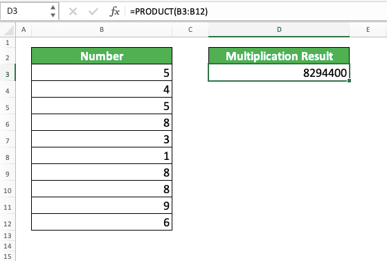 Multiplication in Excel and All Its Formulas & Functions - Screenshot of the Example for PRODUCT Implementation in Excel