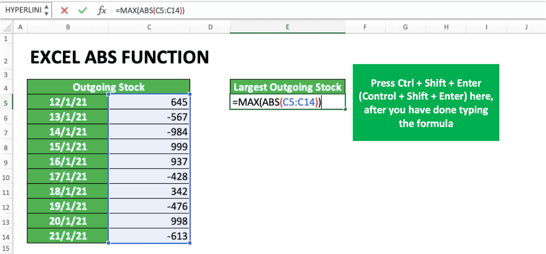 How to Use Excel ABS Function: Usability, Examples, and Formula Writing - Screenshot of the Formula Writing Ready to Be Converted to an Array Formula