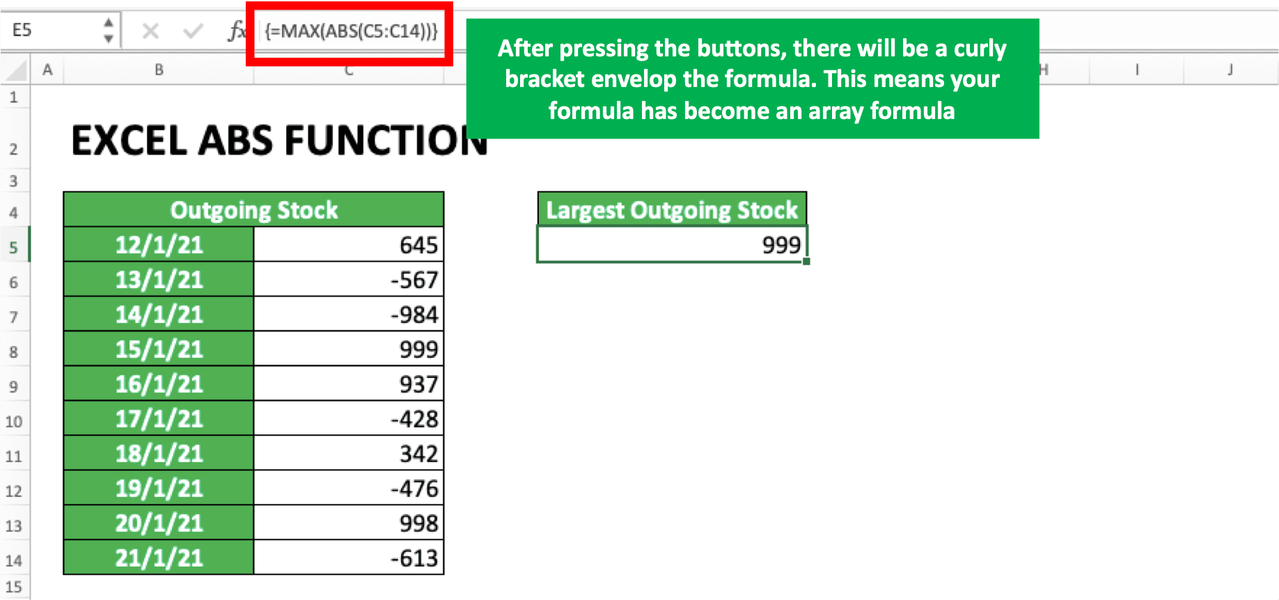 How to Use Excel ABS Function: Usability, Examples, and Formula Writing - Screenshot of the Result of Using the Array Formula for ABS