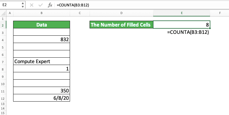 COUNTA Excel Formula: Functions, Examples, and How to Use - Screenshot of COUNTA Implementation Example to Some Cells Which Look Empty but Actually Are Not in Excel