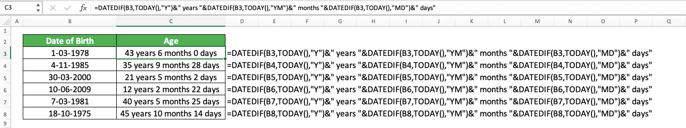 How to Use the DATEDIF Formula in Excel: Functions, Examples and Writing Steps - Screenshot of the DATEDIF TODAY Implementation Example to Calculate Age from Date of Birth