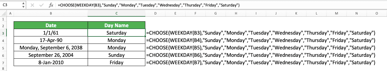 How to Use the DAY Formula in Excel: Functions, Examples, and Writing Steps - Screenshot of the CHOOSE WEEKDAY Implementation Example