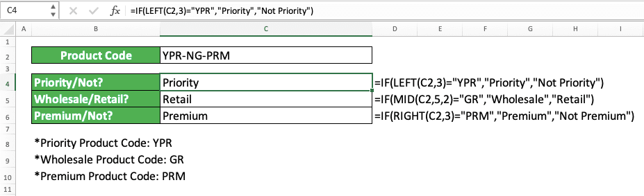 How to Use IF Formula/Function in Excel - Screenshot of LEFT/MID/RIGHT in the IF's Logic Condition Input Part Implementation Example