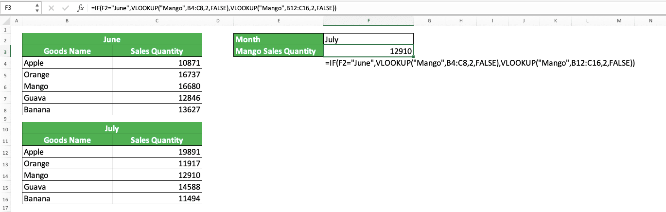 How to Use IF Formula/Function in Excel - Screenshot of VLOOKUP in the IF's TRUE/FALSE Result Input Part Implementation Example