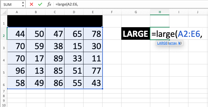 LARGE Function in Excel - Screenshot of Step 3