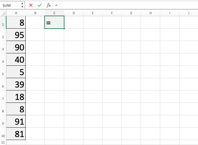MAX Function in Excel - Screenshot of Step 1
