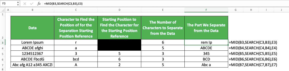 How to Use the MID Function in Excel: Usabilities, Examples, and Its Writing Steps - Screenshot of the MID SEARCH Implementation Example