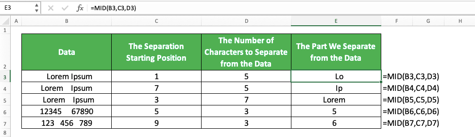 How to Use the MID Function in Excel: Usabilities, Examples, and Its Writing Steps - Screenshot of the MID Implementation Example without TRIM