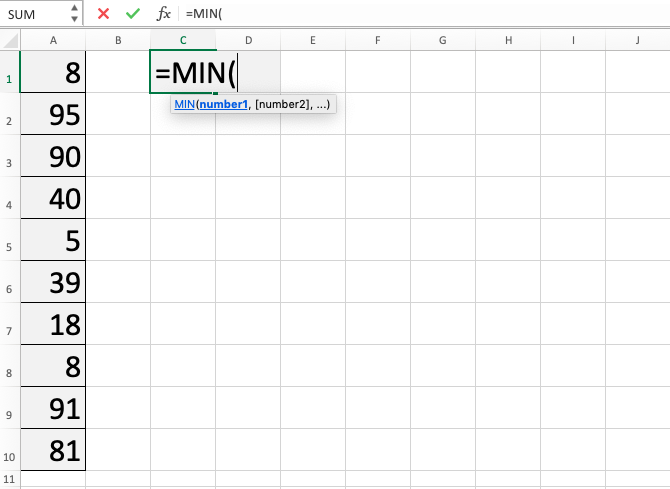MIN Function in Excel - Screenshot of Step 2