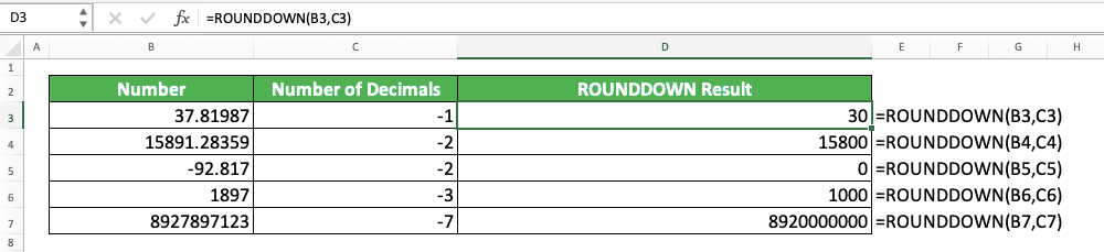 Excel ROUNDDOWN Formula: Functions, Examples, and How to Use - Screenshot of the ROUNDDOWN Implementation Example to Round Down a Number to the Nearest 10 Multiples in Excel