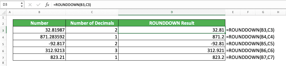 Excel ROUNDDOWN Formula: Functions, Examples, and How to Use - Screenshot of the ROUNDDOWN Implementation Example in Excel