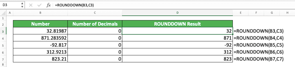 Excel ROUNDDOWN Formula: Functions, Examples, and How to Use - Screenshot of the ROUNDDOWN Implementation Example to Round Down a Number to its Nearest Whole Number in Excel