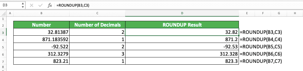 Excel ROUNDUP Formula: Functions, Examples, and How to Use - Screenshot of the ROUNDUP Implementation Example in Excel