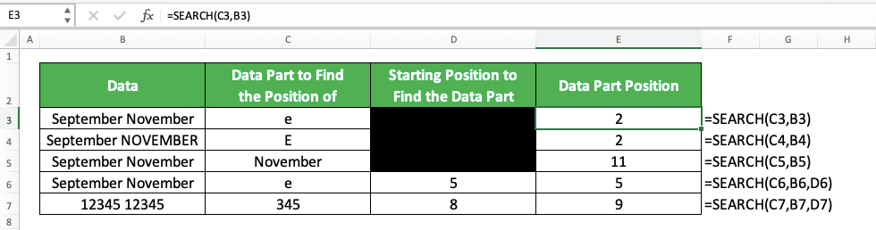 How to Use the SEARCH Function in Excel: Usabilities, Examples, and Writing Steps - Screenshot of the SEARCH Implementation Example