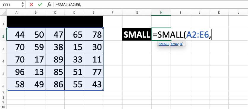 SMALL Excel Formula - Screenshot of Step 3