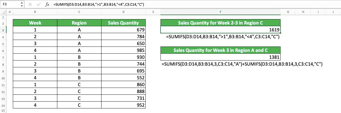 How to Use SUMIFS Excel Formula: Function, Examples, and Writing Steps - Screenshot of the SUMIFS Implementation with Multiple Criteria in the Same Column Example in Excel