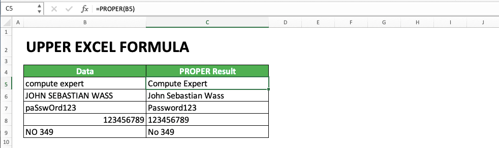 How to Use UPPER Excel Formula - Screenshot of PROPER usage