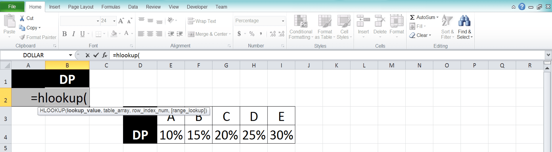 VLOOKUP and HLOOKUP in Excel: Functions, Examples, and How to Use - Screenshot of Step 2 (HLOOKUP)