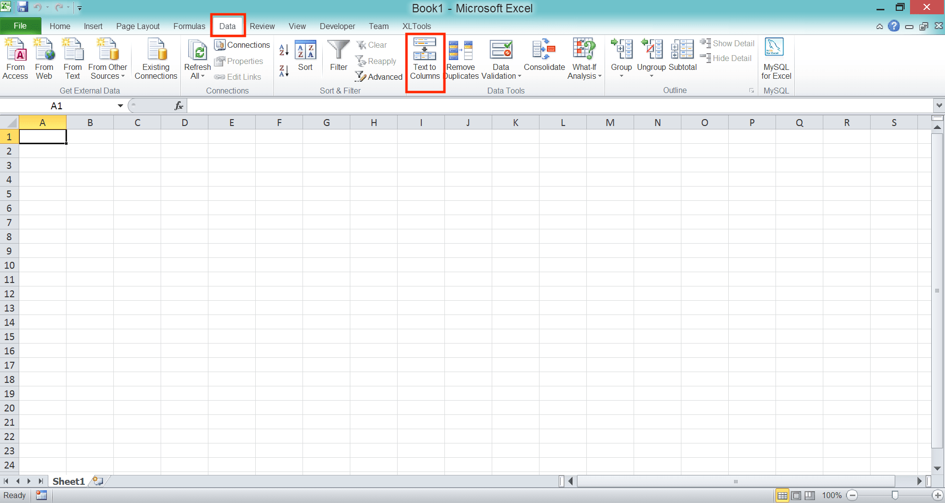 How to Use AutoSum in Excel and Its Usability - Screenshot of the Locations of the Data Tab and the Text to Columns Button in Excel