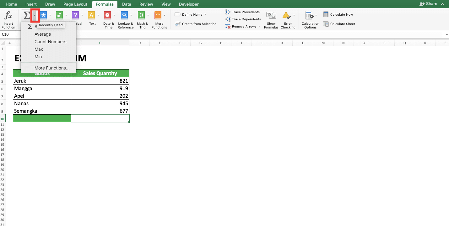 How to Use AutoSum in Excel and Its Usability - Screenshot of Other AutoSum Functions 1: AVERAGE, COUNT, MAX, MIN