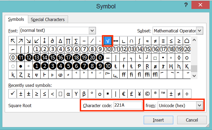 Rumus Akar Kuadrat di Excel - Screenshot Lokasi Pilihan Unicode (hex) Dropdown From, Boks Teks Character Code dengan Isi 221A, dan Simbol Akar Kuadrat