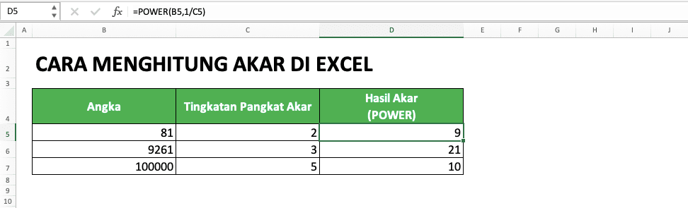 Cara Menghitung Akar di Excel Beserta Berbagai Rumus dan Fungsinya - Screenshot Contoh Penggunaan Cara Rumus POWER